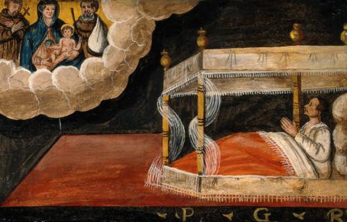 A man in bed praying to the Virgin and Child and two Franciscan saints. Creator: Unknown.