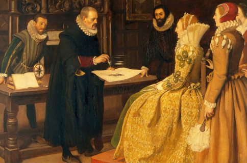 William Gilbert demonstrating the magnet before Queen Elizabeth, 1598, c1912. Creator: Ernest Board.