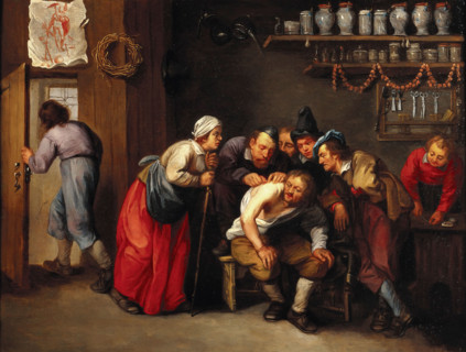 A surgeon removing a plaster from a man's back, with five people looking on, 1647/1667. Creator: Adriaen Rombouts.