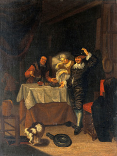 A physician examining a urine flask, c17th century. Creator: Unknown.
