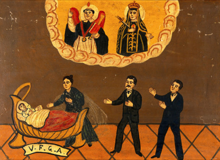 Two men and a woman praying for the health of a child, c1890. Creator: Unknown.