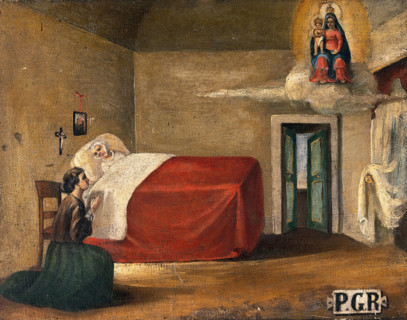 A woman in bed, a second woman kneeling beside her in prayer to the Virgin and Child, 19th century. Creator: Unknown.