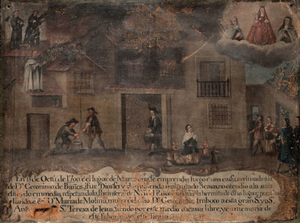 The house of Don Geronimo de Baños being rescued from fire by the Virgin, St Anthony...1700, 1700. Creator: Unknown.