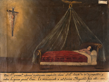 A sick woman praying to Christ on the cross, 1857. Creator: Unknown.