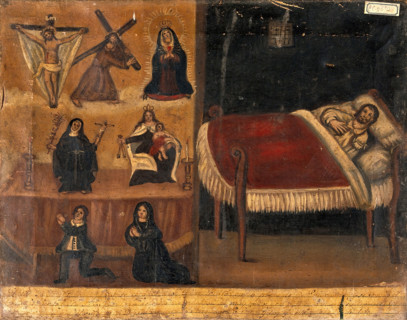 Pedro Diaz Platas with a broken arm (?), his wife (?) and son praying for him after an...1861. Creator: Unknown.