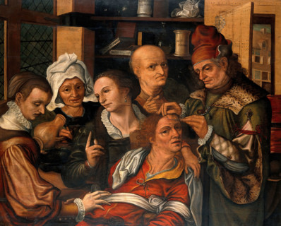 A surgeon extracting the stone of folly, 1561. Creator: Pieter Huys.