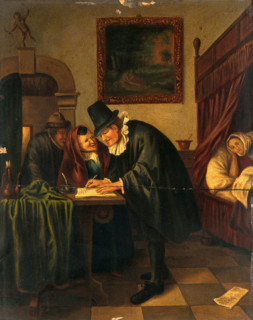 A physician writing a prescription for a sick young woman, c1650s. Creator: Unknown.