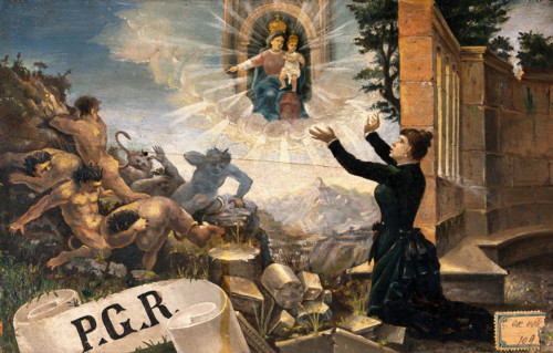 A woman expressing thanks to the Madonna del Parto for cure of insanity in the form of expelled... Creator: Unknown.