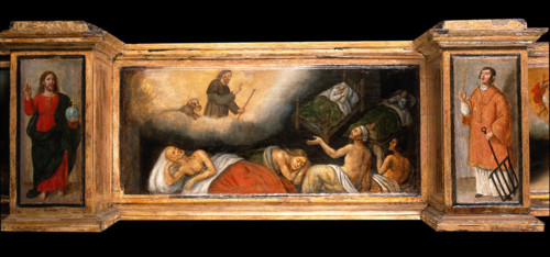 Predella with three scenes of Saint Roch, and figures of Saint Peter, Christ as..., c1580- 1620. Creator: Unknown.