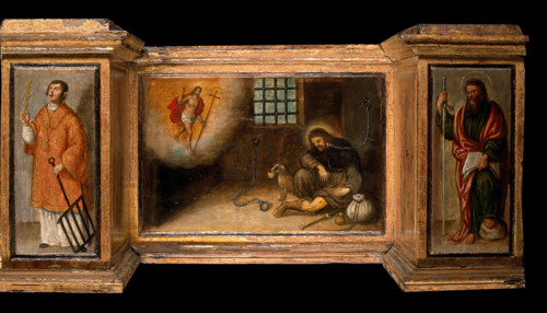 Predella with three scenes of Saint Roch, and figures of Saint Peter, Christ as..., c1580?- 1620?. Creator: Unknown.