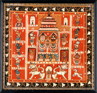 Balarama, Subhadra and Jagannath in the temple at Puri, with other figures in a..., c1880/1910. Creator: Unknown.