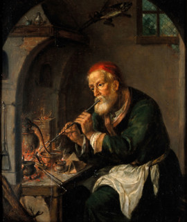 An alchemist blowing on a fire to heat a still, c1750s. Creator: Christian Wilhelm Ernst Dietrich.