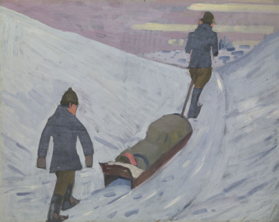 World War I: transport of the wounded by sledge in Russia, 1918. Creator: Jan Gordon.