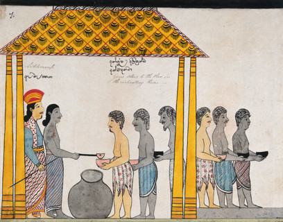 The representative of the people of Jetuttara gives alms to the poor in the victualling rooms, 1815. Creator: Unknown.