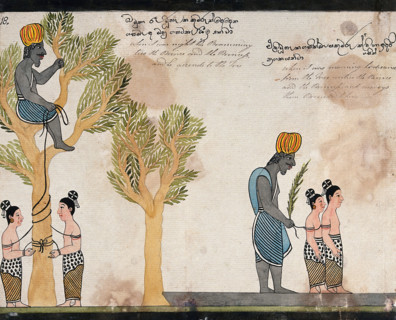 The brahmin, sitting in a tree, keeps the children of Vessantara tied up all night, and in..., 1815. Creator: Unknown.