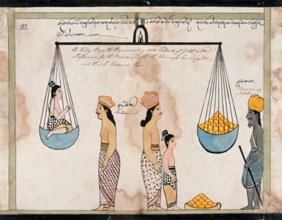 King Sanjaya redeems the children of Vessantara, paying to the brahmin the weight of the..., 1815. Creator: Unknown.