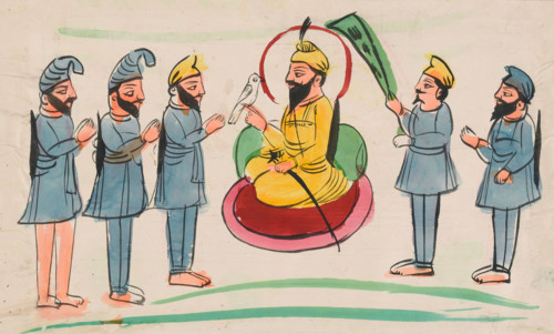 A man seated with Sikh worshippers. Creator: Unknown.