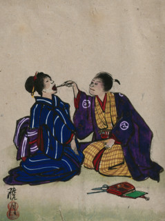 A doctor examining a woman's mouth; doctor and patient are kneeling on the floor, 1830. Creator: Unknown.