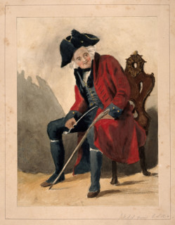 A Chelsea Pensioner, seated, wearing a red coat and tricorn hat, holding a pipe and a stick, 1750. Creator: Unknown.