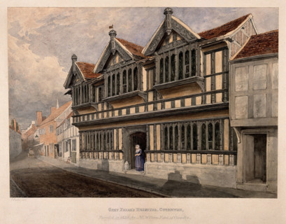 Ford's Hospital (Greyfriars' Hospital), Coventry: a woman standing at the entrance, c1840s.. Creator: Edward Pretty.