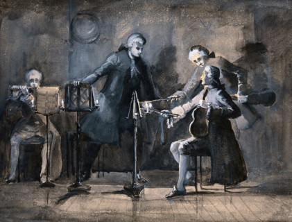 A quartet of musicians tuning up; two violinists point to their scores with their bows. Creator: Unknown.