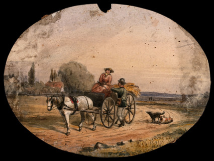 A woman driving a horse-drawn cart loaded with hay has stopped on the road to speak to a man... Creator: Unknown.