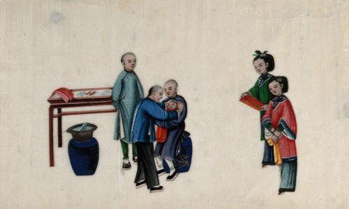 Chinese birth customs: a baby's head is shaved as part of the one month celebration..., 1800. Creator: Unknown.
