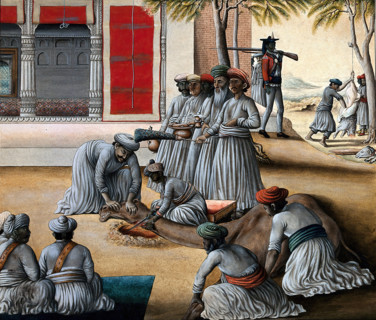 Indian men slaughtering a camel; a sheep being skinned in the background. Creator: Unknown.