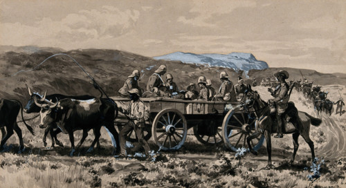 Boer War: wounded men transported in an ambulance cart drawn by oxen, 1900. Creator: George Soper.