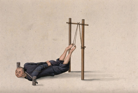 A Chinese man confined to a contraption which ties his legs on to a wooden gallows whilst... Creator: Unknown.