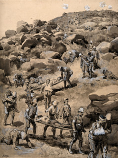 Boer War: removing the wounded after the Battle of Spion Kop, 1900. Creator: Henry Marriott Paget.