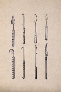 Surgical instruments, mainly spatulas and needles. Creator: Unknown.