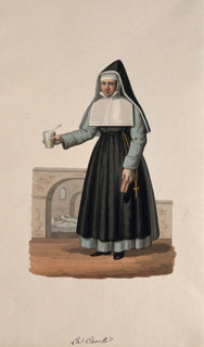 A nun in her habit carrying medicine and her Bible, with her hospital behind her. Creator: Unknown.