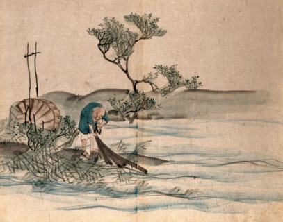 A Japanese fisherman on a lake shore pulling in his nets, 1860. Creator: Unknown.