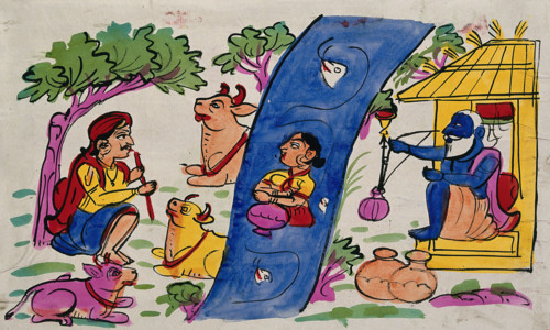 Krishna playing his flute to the cows and Radha who is immersed in the river... Creator: Unknown.