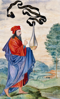 An alchemical adept carrying the vase of Hermes, which is inscribed "Let us..., 1900-1909. Creator: Edith Annie Ibbs.