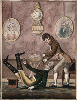 A wealthy patient falls over having a tooth extracted with vigour by a fashionable dentist, 1790. Creator: Unknown.