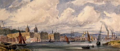 Royal Naval Hospital Greenwich, viewed from afar with many ships in the foreground. Creator: Unknown.
