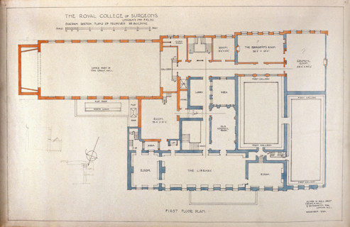 Proposed rebuilding of the Royal College of Surgeons of England: plan of first floor, 1944. Creators: Unknown, Alner W Hall.