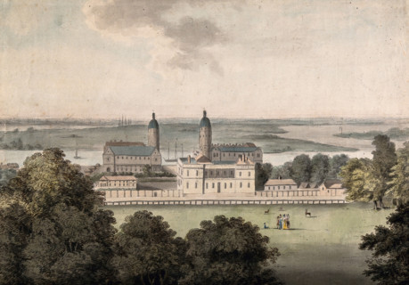 The Royal Naval Hospital and the Queen's House, Greenwich, the Isle of Dogs beyond, c1800s.. Creator: George Samuel.
