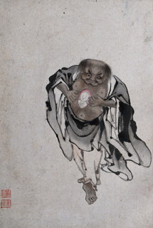 A Chinese man standing revealing a portrait of a man within his chest, (between 1800 and 1899?). Creator: Unknown.