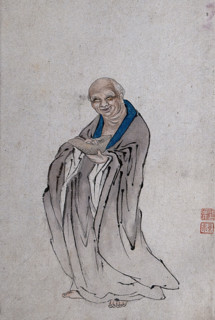 A Chinese man standing holding a long bowl with raised ends, (between 1800 and 1899?). Creator: Unknown.