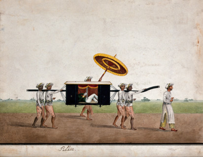 An European man relaxing and reading a book in a palkee carried by four men, (between 1800 & 1899?). Creator: Unknown.