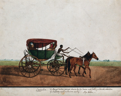 Four people travelling in a carriage drawn by two horses, (between 1800 and 1899?). Creator: Unknown.