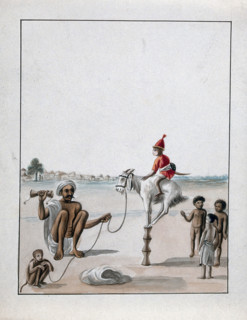 A man conducting a monkey show on the street, watched by some children, (between 1800 and 1899?). Creator: Unknown.
