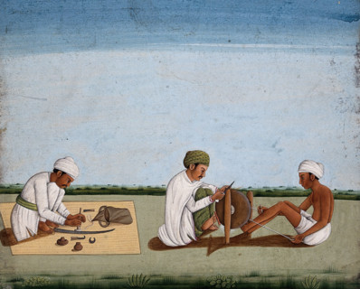 Two men sharpening a knife whilst the third prepares the blade on a sword, (between 1800 and 1899?). Creator: Unknown.