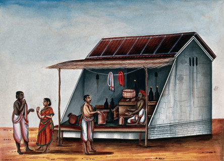 A man at a arrack (a strong alcoholic drink) shop, whilst a couple..., (between 1800 and 1899?). Creator: Unknown.