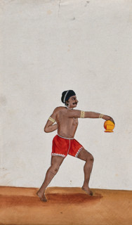 A street performer holding a small pot upside down, (between 1800 and 1899?). Creator: Unknown.