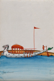 Four men row a long boat with a domed canopy, shaped as two horses in..., (between 1800 and 1899?). Creator: Unknown.