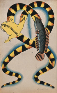 A Bengali proverb: two watersnakes swallowing fish and frog. Creator: Unknown.